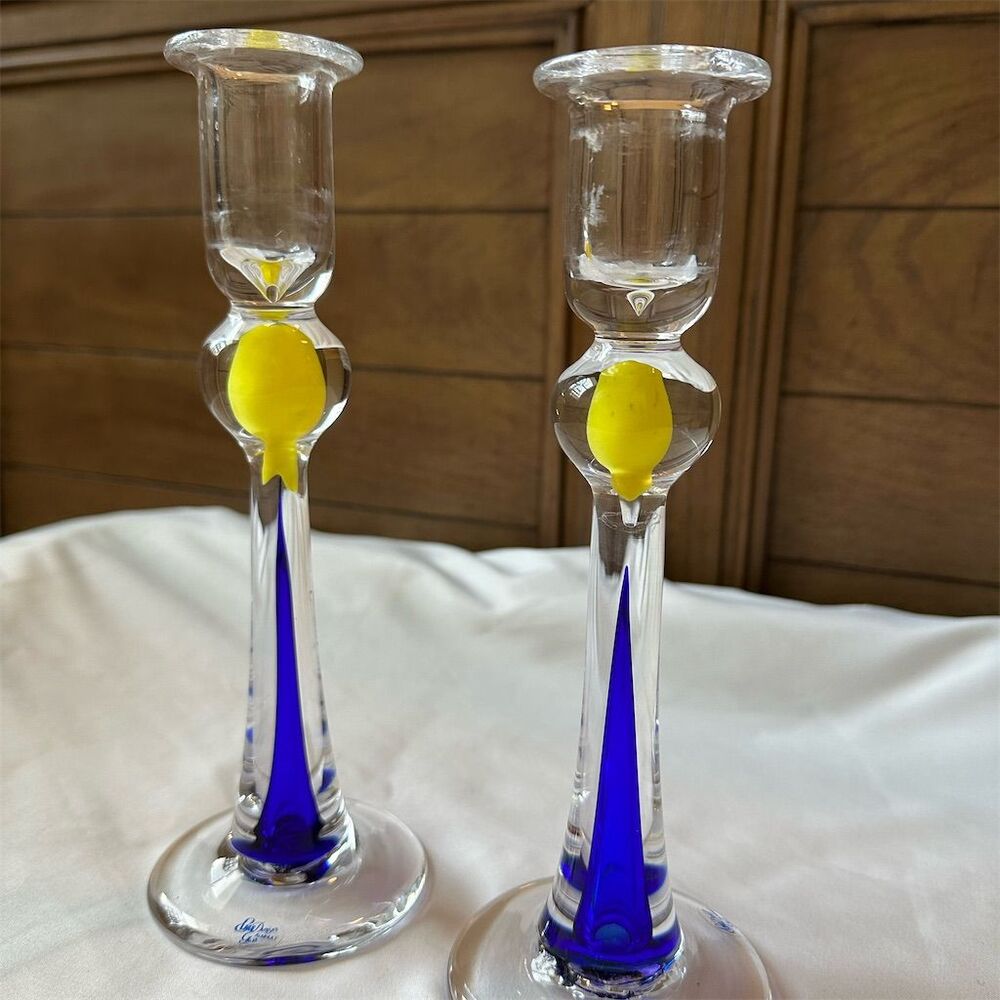 Handmade Swedish Glass Candlesticks by Kenneth Johansson Multicolor Pair